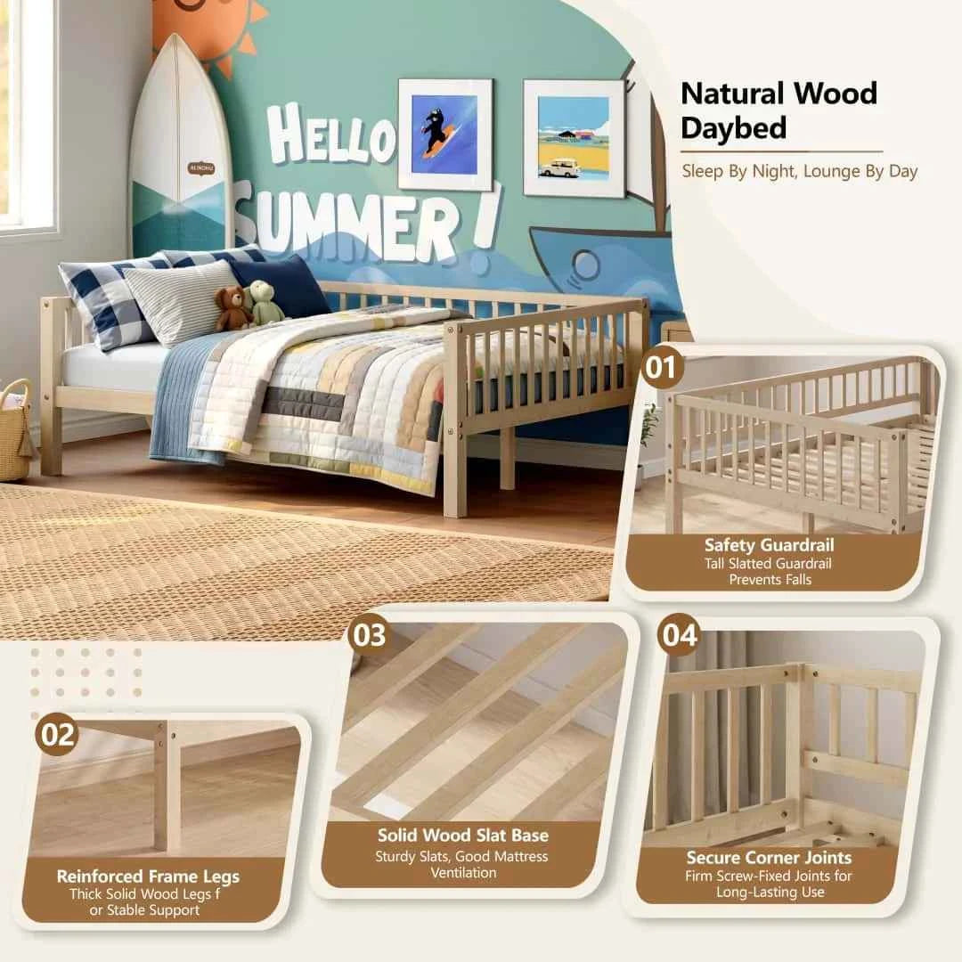Full Size Daybed Frame with 3-Sided Guardrails, Wood Slat Support Breathable Leisure Bed for Kids Bedroom, Natural