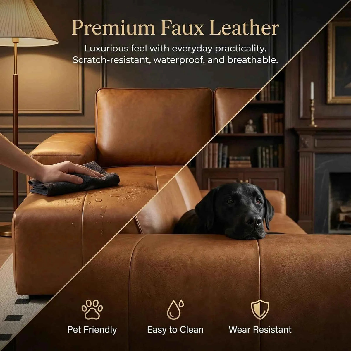 114" Cloud Sectional Sofa with Chaise, L-Shaped Modular Faux Leather Couch, Boneless Deep Seat Sofa. No Assembly Needed. Brown