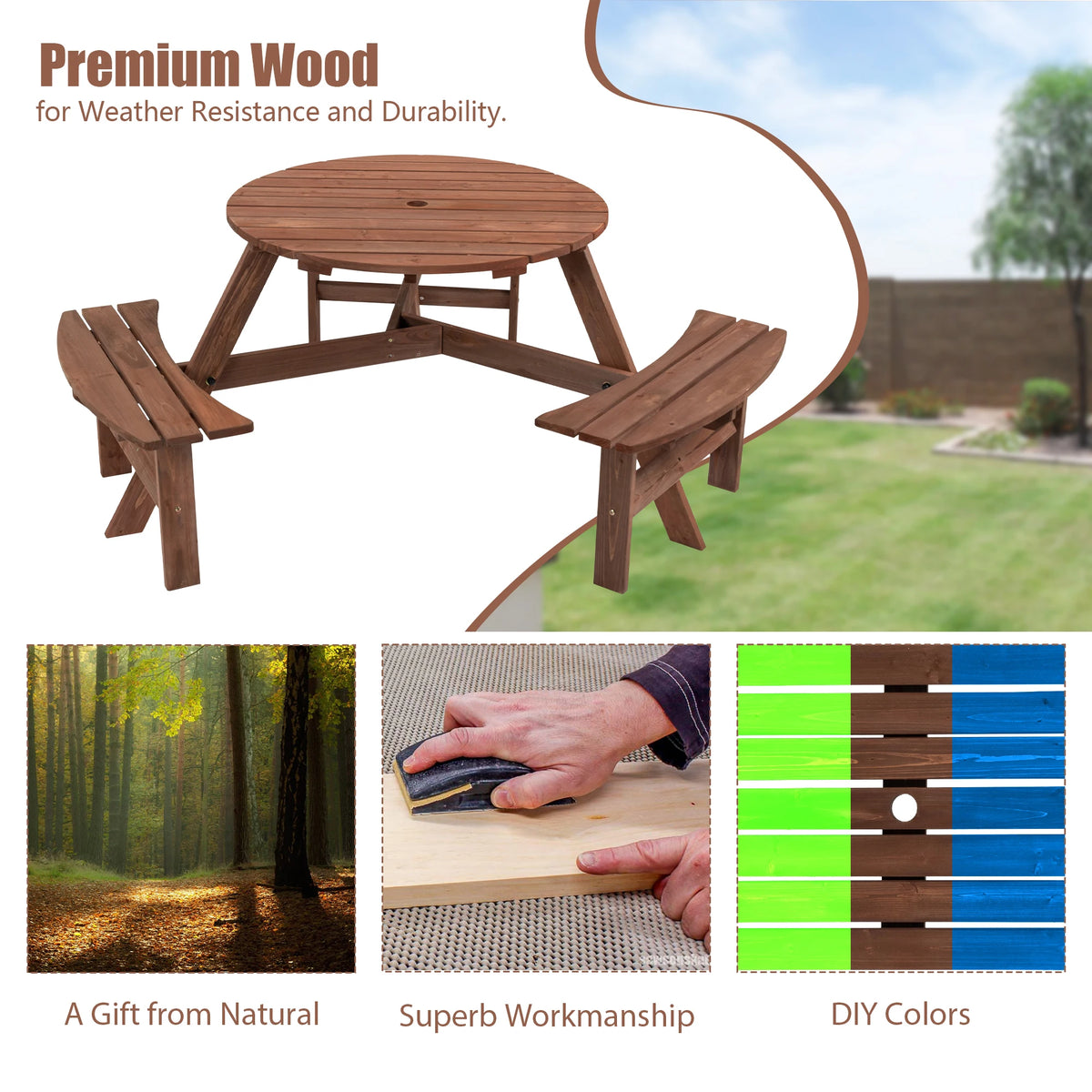 Solid Wood Round Outdoor Picnic Table with 3 Curved Benches, Weatherproof Wooden, Outdoor Patio Dining Furniture with Umbrella Hole. Weather Resistant Patio Dining Furniture Set for Garden, Backyard, or Deck