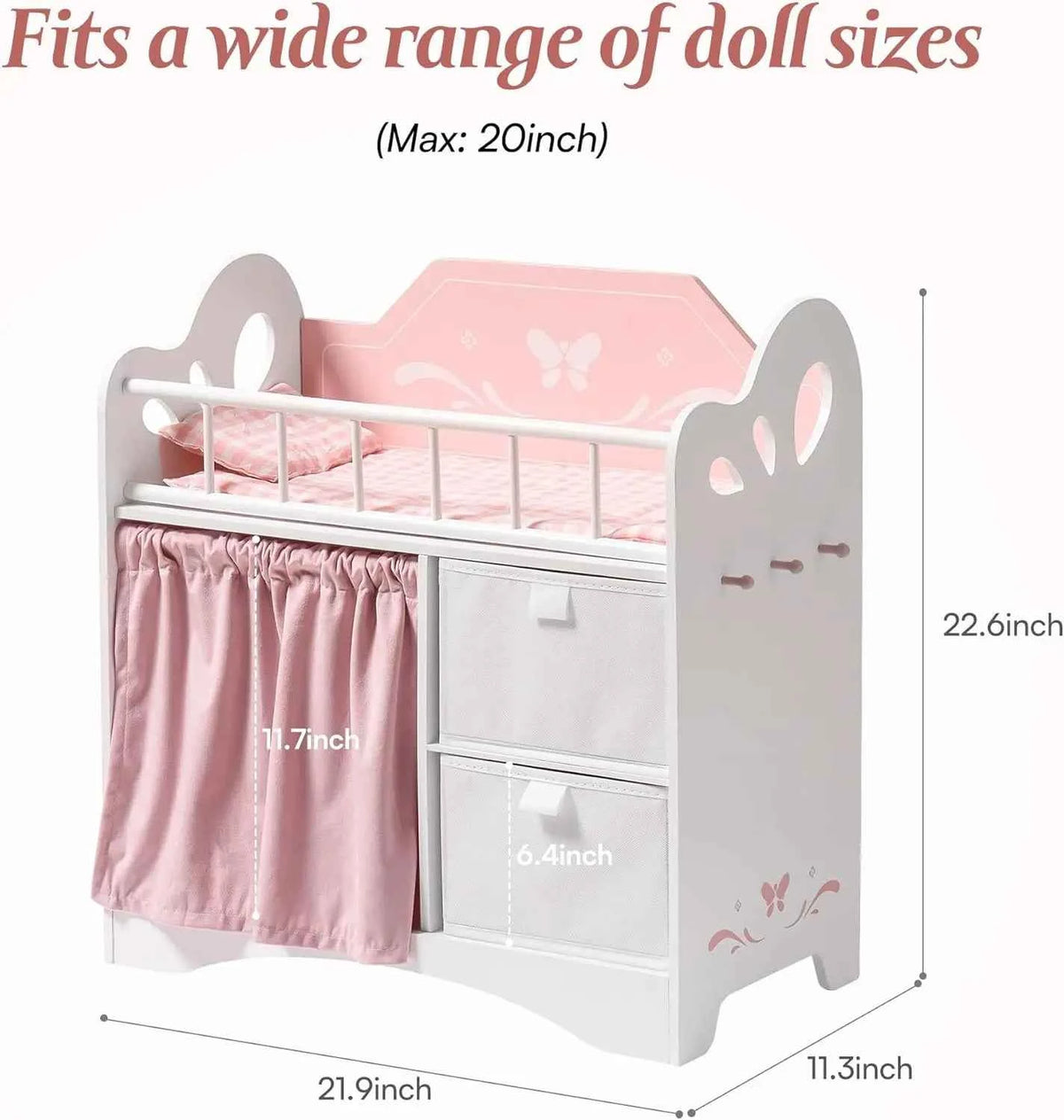 Wooden Toy Baby Crib with Storage,  Bedding. Wooden Hooks. Doll Crib will Fit Dolls up to 21 inches. Girls ages 3+  . Pink