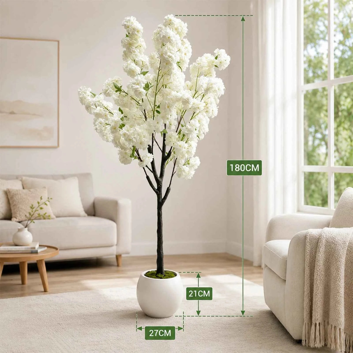 Artificial Cherry Blossom Tree, White Flower Faux Plant in Pot for Home,Office,Wedding,Garden,Party,Hotel Decoration