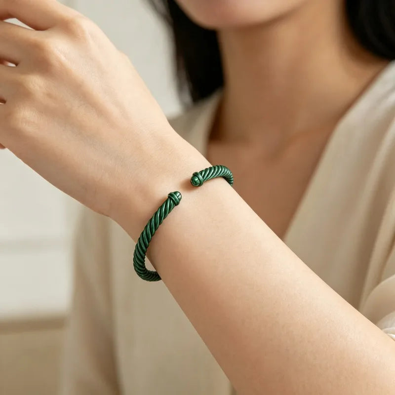 Women Green Aluminum Classic Cable Bracelet 4mm, Twisted Open Cuff Bangle with Ball Ends, Minimalist Daily Jewelry Gift