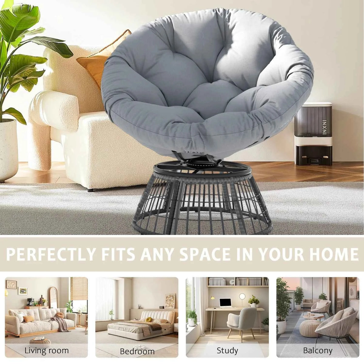 Swivel Papasan Outdoor Wicker Patio Lounge Chair with Thick Cushion, All-Weather Rattan Accent Chair for Backyard, Porch, Garden