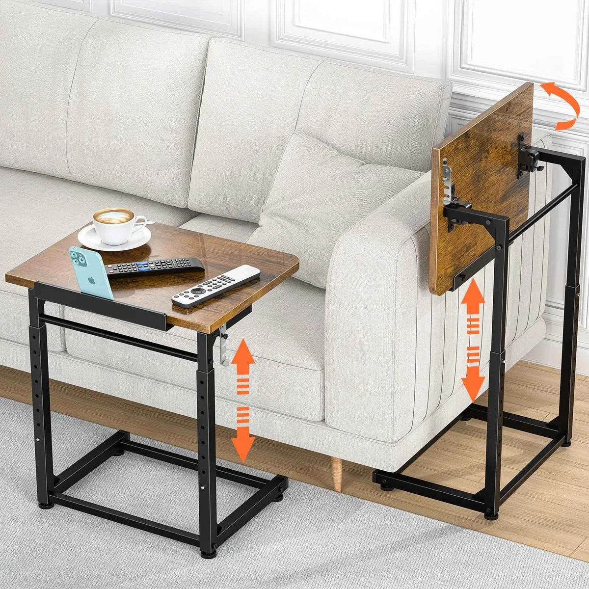 Extra Large Heavy Duty TV Tray Table, 23.6" Folding C-Shaped. Laptop Desk.  Height & Tilt Adjustable. End Table with Phone/Tablet Slot, Easy Clean. Walnut Finish