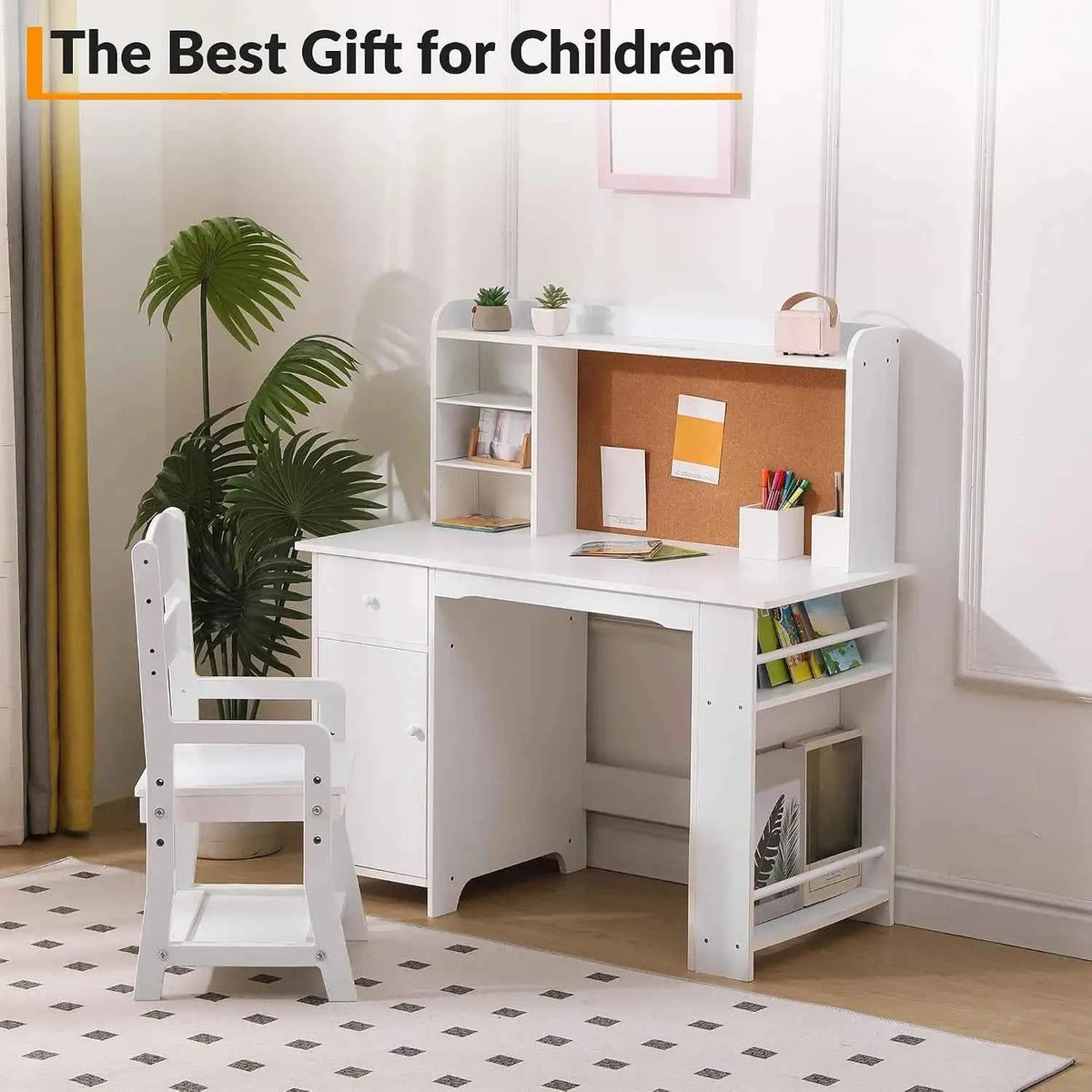 Kids Desk and Chair Set for Boys and Girls.  Wooden Kids Writing Desk with Bookshelf, Bulletin Board, Cabinet and Drawer for Ages 3-8, White