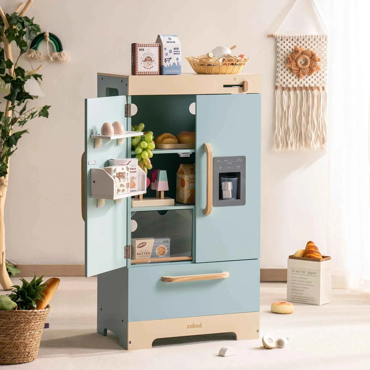 Robotime Robud Play Kitchen Fridge/ Refrigerator with Ice Dispenser. Wooden Kids Play Kitchen Playset Toy for Ages 3+, Color is Blue