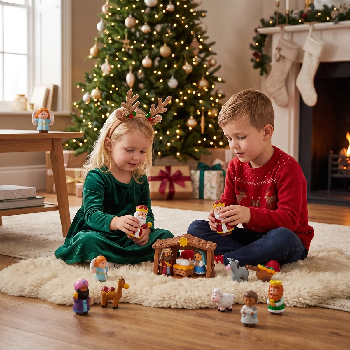 13pcs Christmas Story scene of baby Jesus in the manger. With the angels, animals, wise men. and a few other miniature items. That the kids can move around.