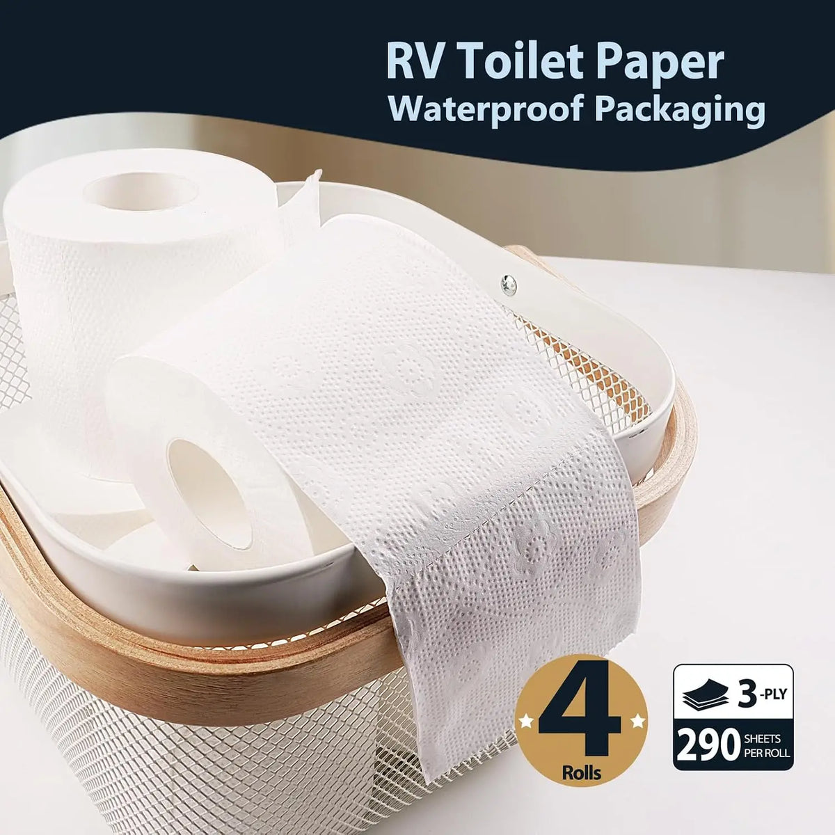 RV Camping Toilet Paper - 4 Rolls Rapid-Dissolve Marine & Trailer Septic Safe Tissue - Biodegradable 3-Ply 290 Sheets Bath Tissue for Marine, Travel, and Camper Systems