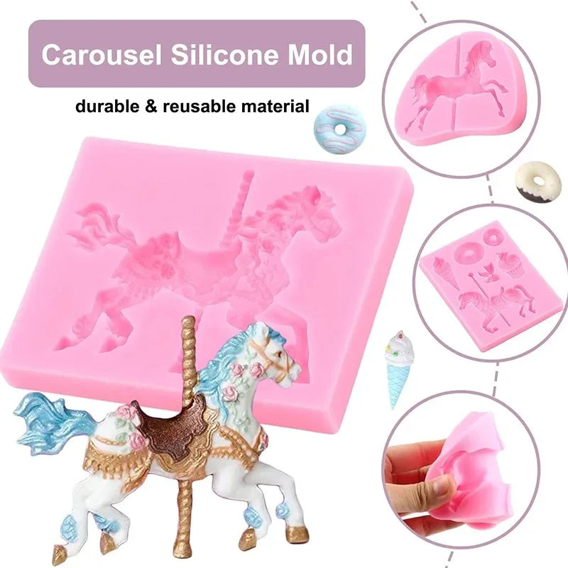 Carousel Horse Silicone Resin Molds. Gum Paste Chocolate Fondant Mould For Cake Decorating, Cupcake Topper. Baby Shower Party Tools