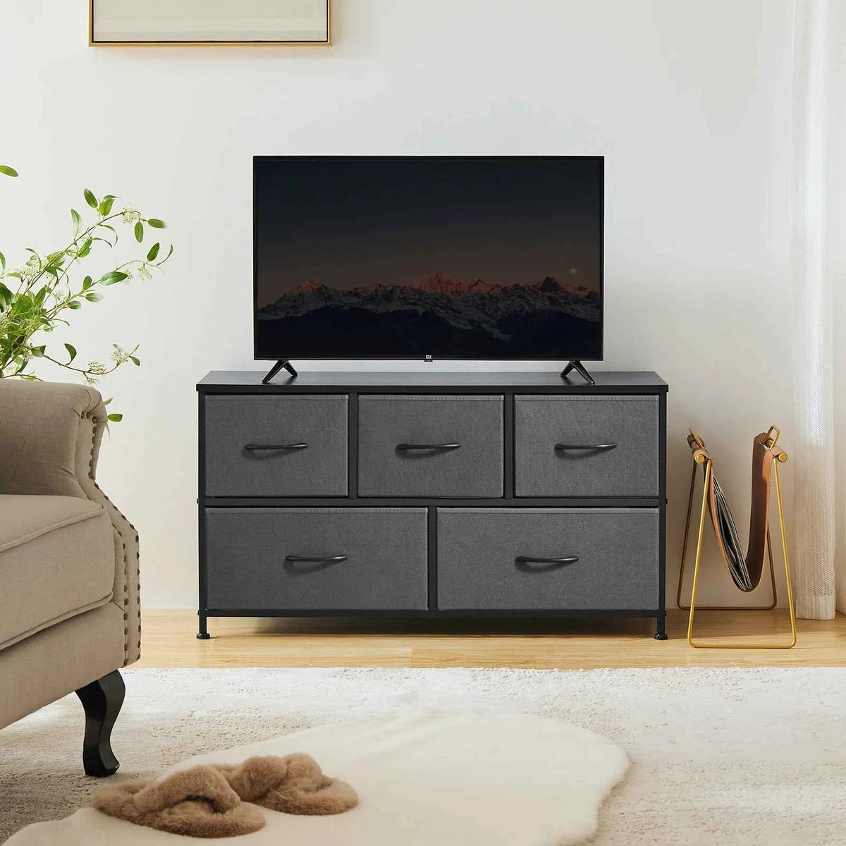 MCQ 5 Drawer Furniture. Wide Fabric Storage Tower with Wooden Top and Metal Frame