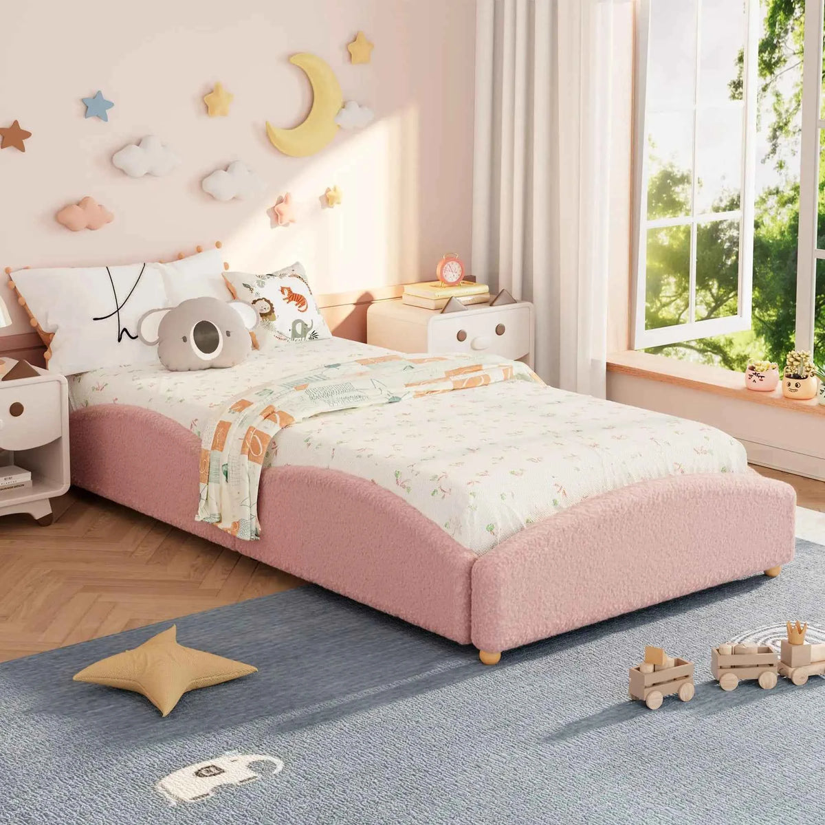Twin Kids Floor Bed With Raised Sides, Teddy Fabric Upholstered Cloud Daybed, Montessori Platform Bed Frame With Wood Slats, No Box Spring