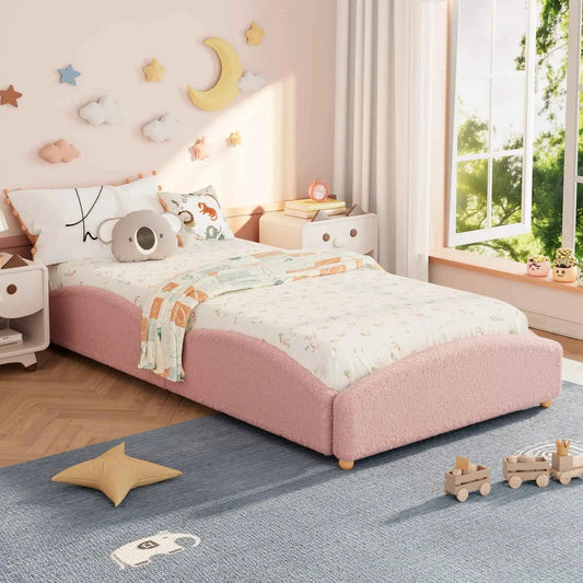 Twin Kids Floor Bed With Raised Sides, Teddy Fabric Upholstered Cloud Daybed, Montessori Platform Bed Frame With Wood Slats, No Box Spring