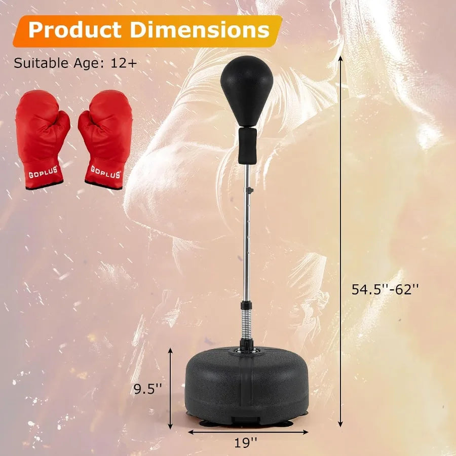Adjustable Reflex Punching Bag with Stand, 4-Height Settings (54.5"-62"), Fillable Base, 6 Suction Cups, PU Boxing Gloves, Portable Home Gym Fitness Equipment