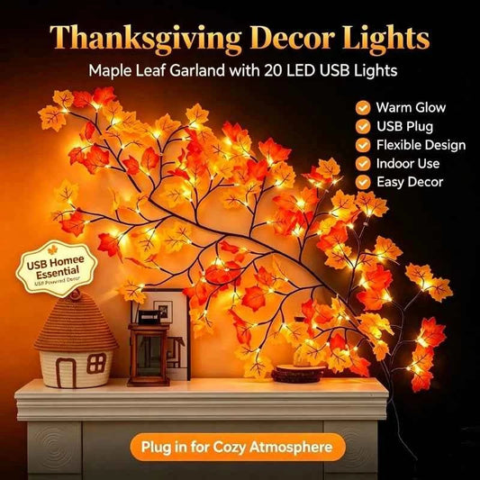Thanksgiving Autumn Maple Leaf Vine Wall Light, Flexible Branch, LED Fairy String Light Fall Maple Garland Lamps.