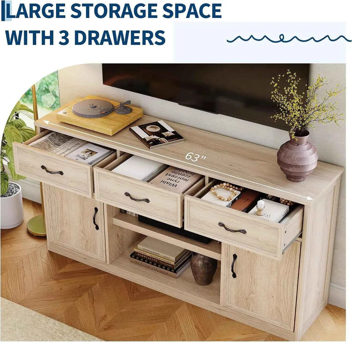 TV Stand For 65 Inch TV.  Farmhouse Television Cabinet With 3 Drawers,  2 Doors with Adjustable Shelves. Storage And Open Shelves. Wooden TV Console Media Cabinet