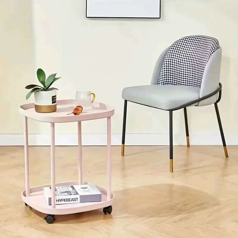 Multifunctional 2-Tier Round Side Table with Lockable Wheels, INS Style  Movable Storage Rack Cart,