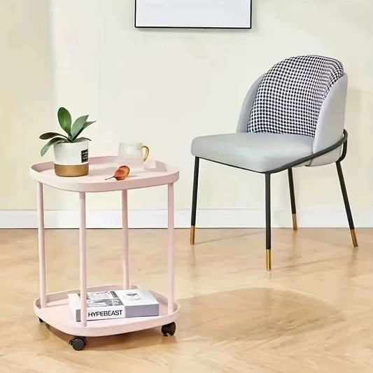 Multifunctional 2-Tier Round Side Table with Lockable Wheels, INS Style  Movable Storage Rack Cart,