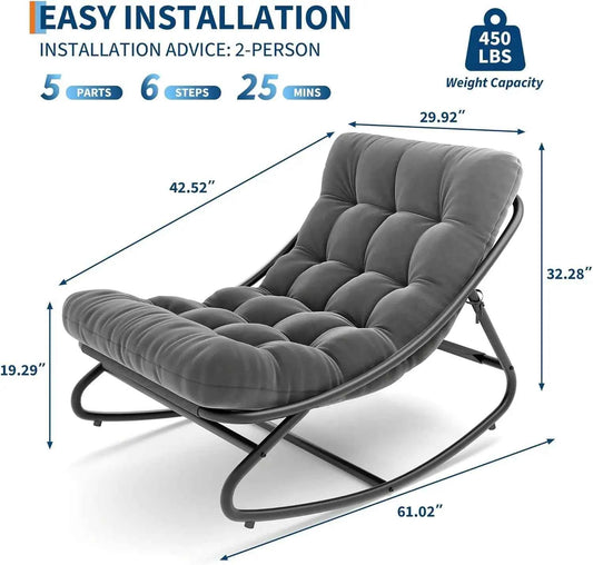 Papasan Rocking Chair Outdoor - Comfy Rocking Chair with Metal Frame, Adjustable Papasan Chair with Waterproof Cushion, 400lbs Capacity for Patio Porch Garden