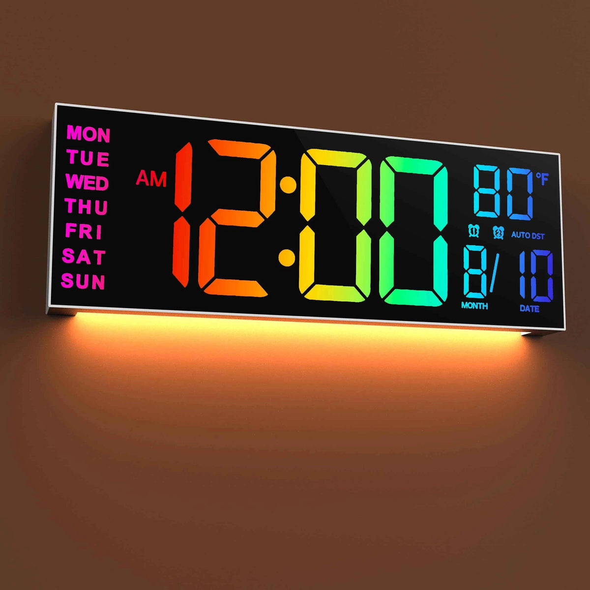 16-inch  Large Digital LED Wall Clock with Remote Control, 8 RGB Adjustable Display Colors, Built-in Alarm, Automatic Daylight Saving Time & Indoor Temperature Display,