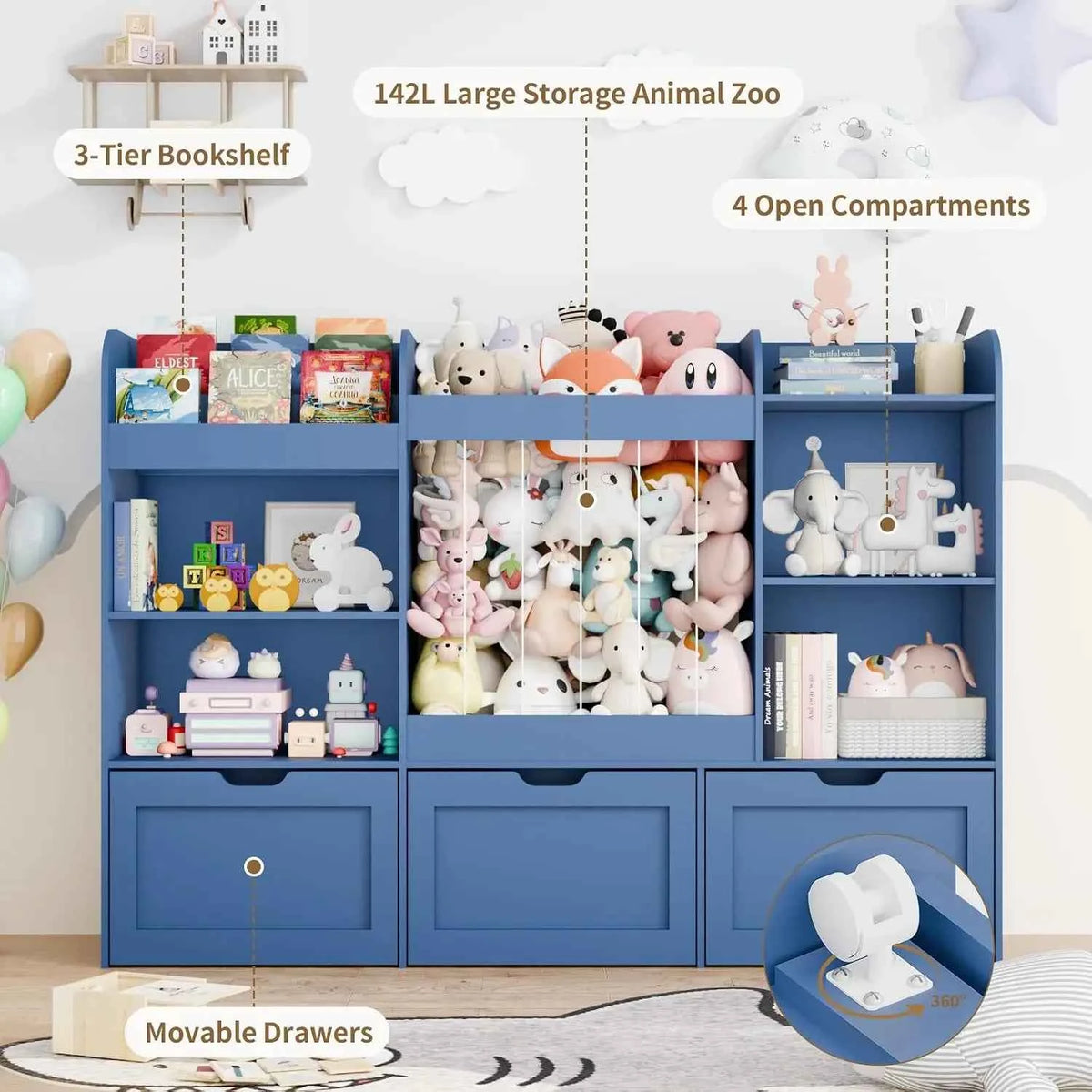 61" W Toy Organizer with Stuffed Animal Storage ＆ 3 Tier Bookshelf
