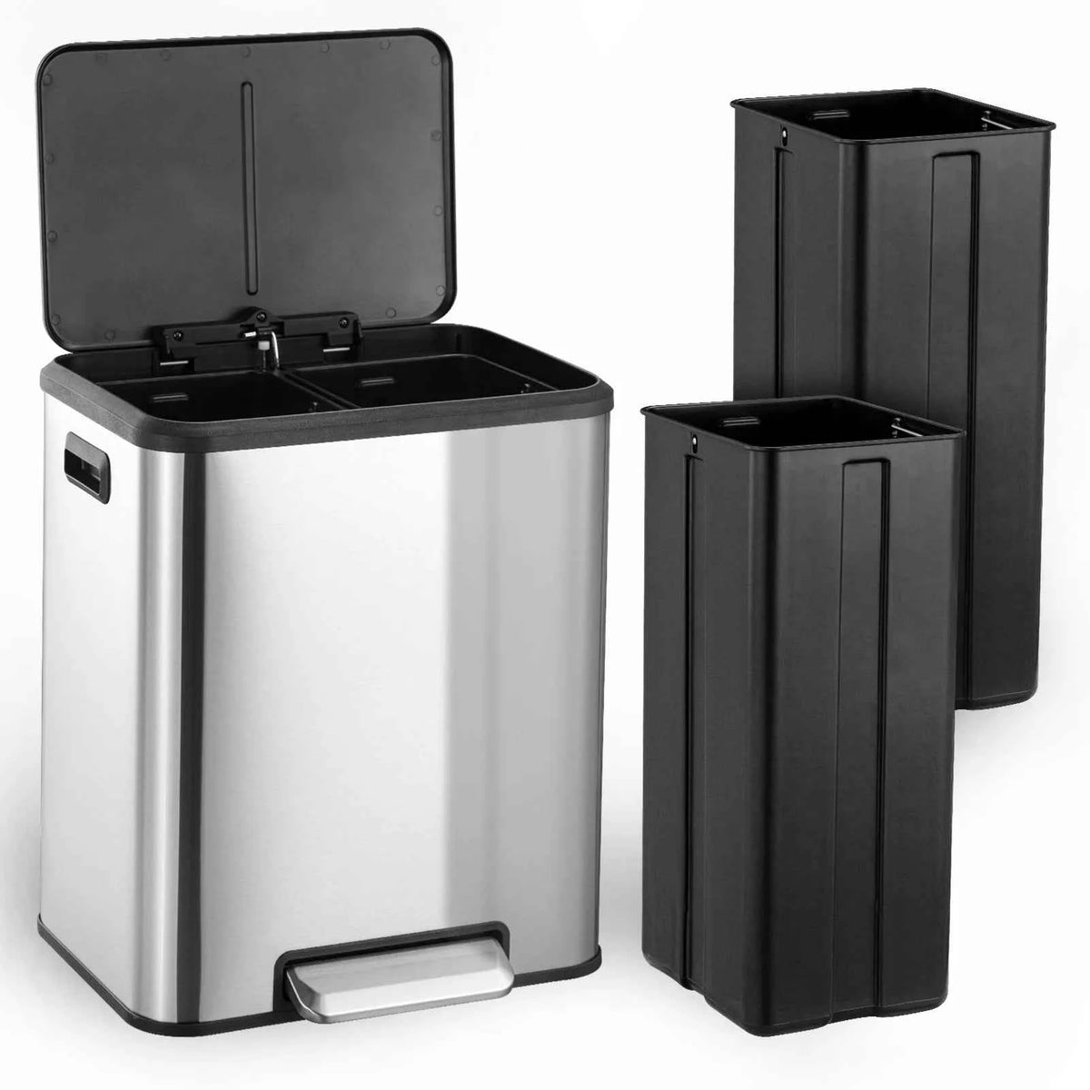 Dual Compartment Stainless Steel Trash Can – 8 Gallon/30L Step-On Garbage Bin – Soft Close Lid, 2 Removable Inner Buckets, Smudge-Resistant, Space-Saving Modern Design
