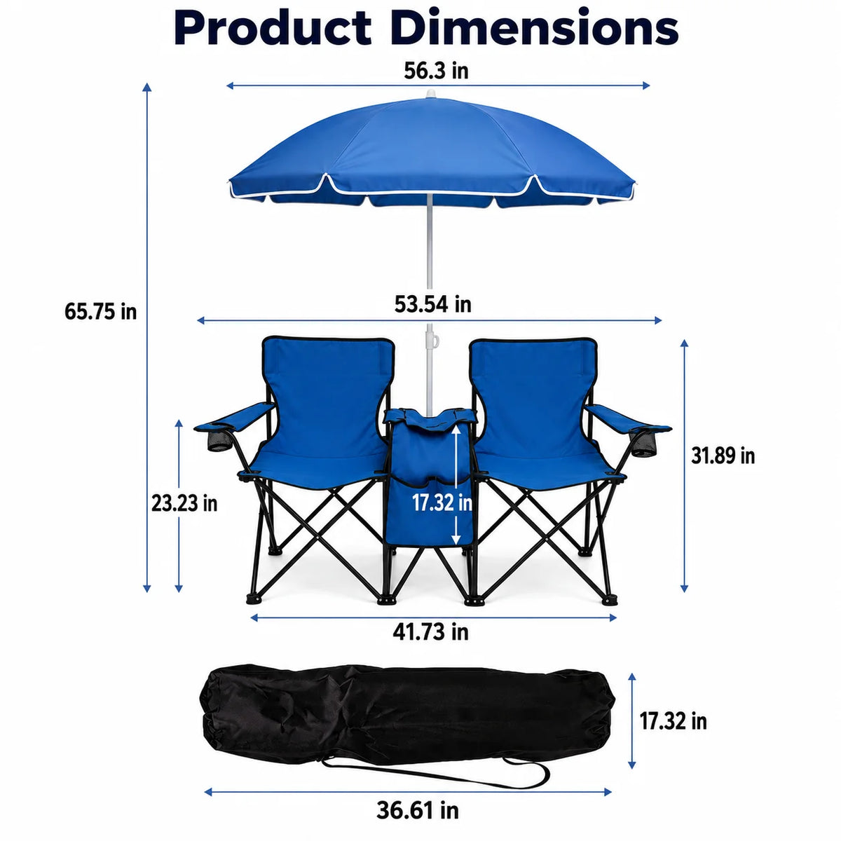 2 Person Folding Camping Chair Set with Umbrella, Cup Holders, Built in Cooler. Portable Outdoor Double Chair set