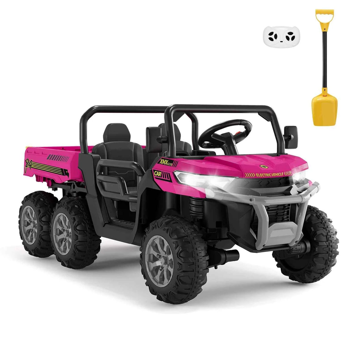 24V Kids Electric Ride Dump Truck, a 2 Seater 4WD with 6 Wheels. Parent Remote Control with 3 speeds. With Dump Bed, Bluetooth for Music, LED Lights, 2 Speeds