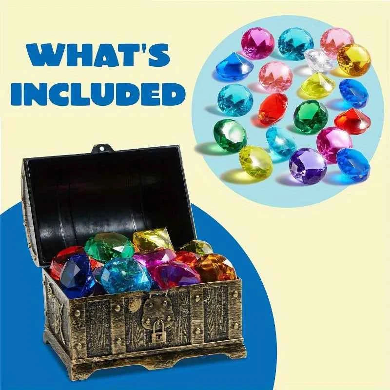 Joyfy Diving Gems Pool Toys. 16 Big Colorful Diamond with Pirate Treasure Chest for Kids Underwater Gemstone Swimming.