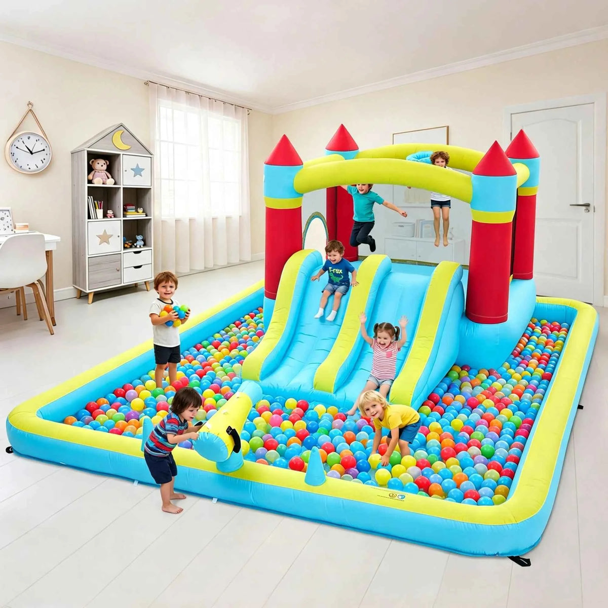 7-in-1 Kids Inflatable Bounce House Water Slide With Splash Pool, Basketball Hoop & 350W Blower, Outdoor Backyard Water Park
