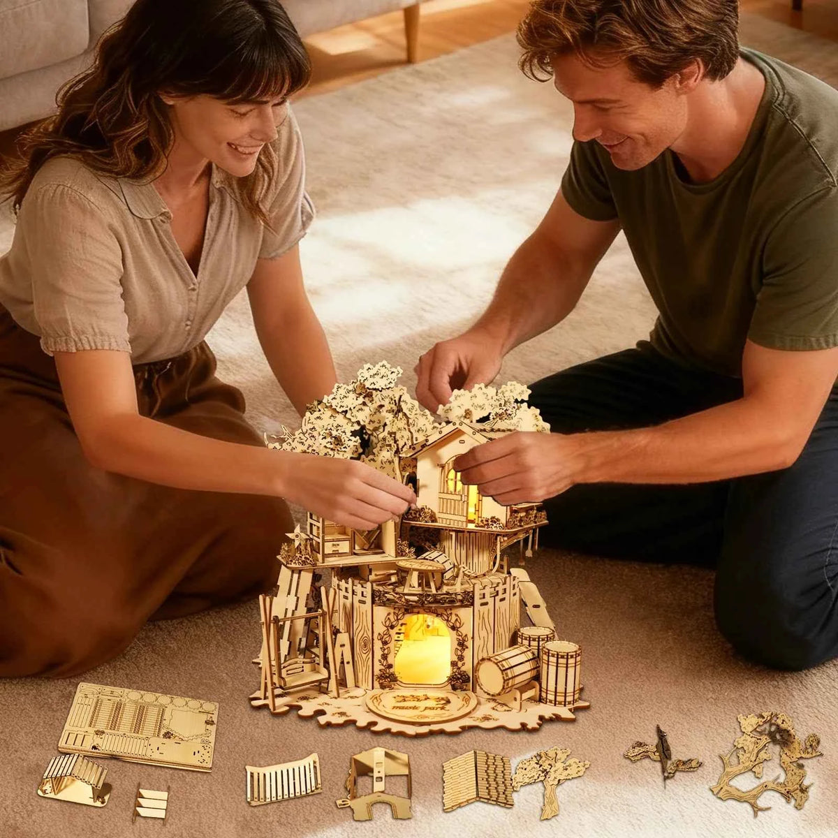 Romantic 3D Wooden Treehouse Puzzle with LED Lights. Valentine's Gift for Couples, Fun DIY Activity & Home Decor Kit.