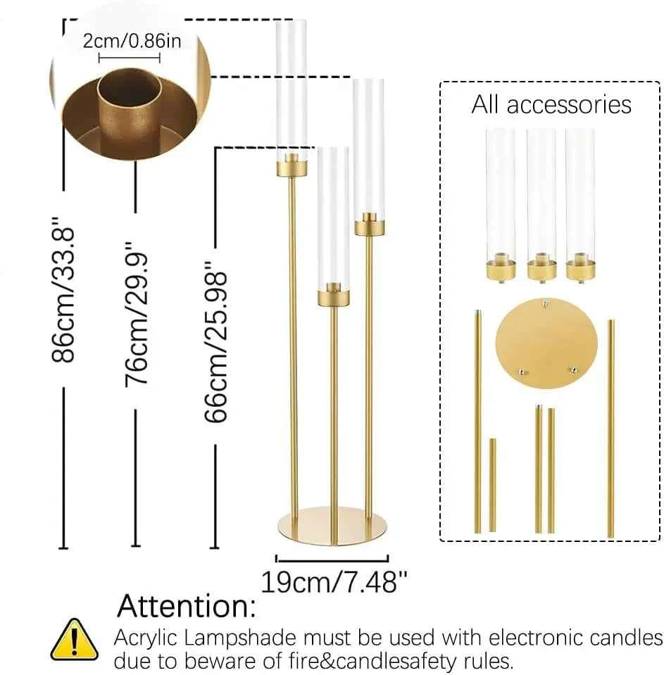 10PCS Gold 3 Arm Candelabra, 34" Tall  Taper Candle Holder Centerpiece for Many Special Events. Metal Candlestick