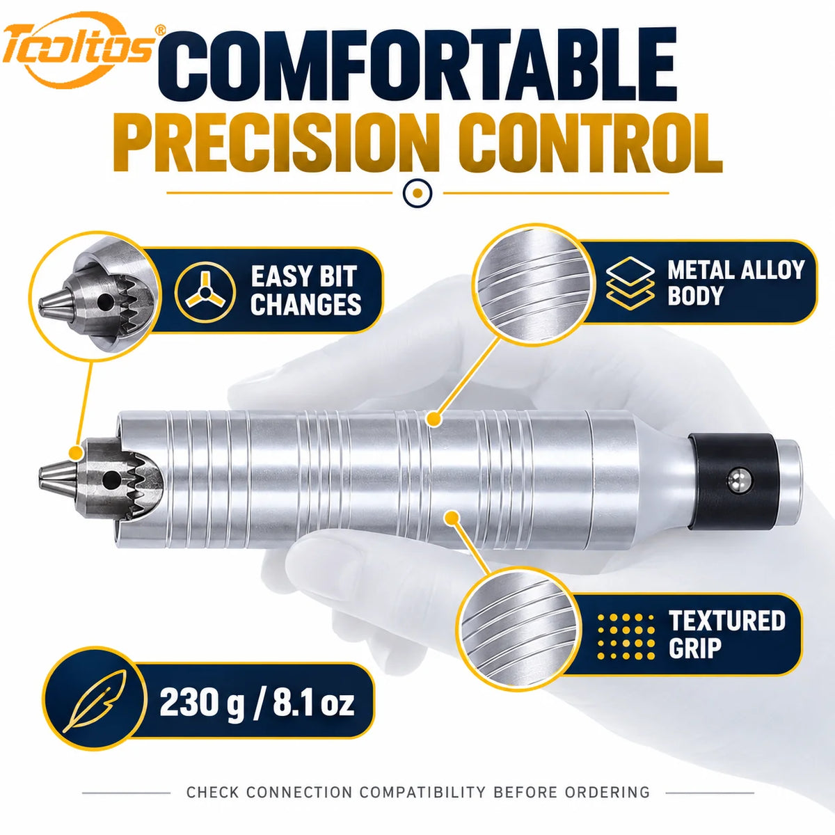 TOOLTOS Jewelry Flex Shaft Grinder. Handpiece 0-5mm Chuck with Key for Engraving, Polishing, Drilling. Rotary Motor Accessories