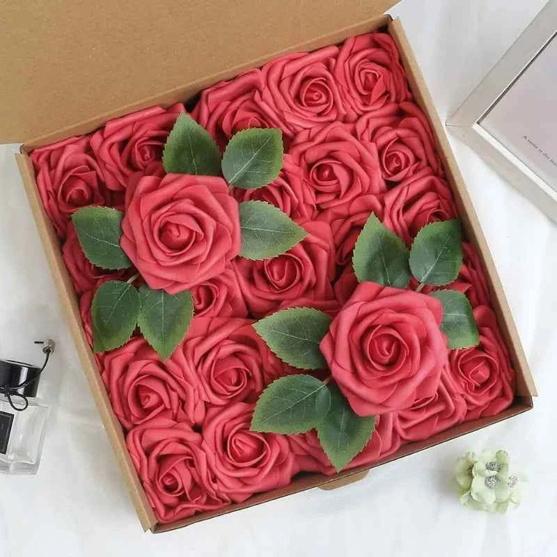 5-100pcs Fake Rose Flower Green Leaves for Valentine's Day ,Wedding, Birthday Party. Artificial Roses Heads with Stems Supplies