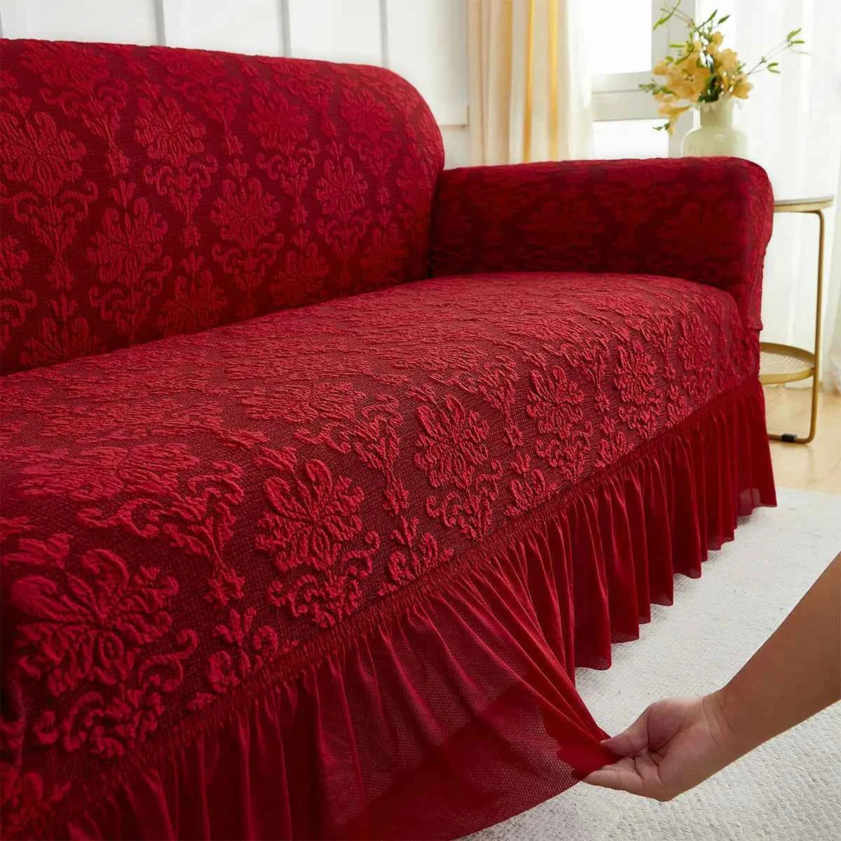 1pc European Jacquard Non-slip Sofa Slipcover with Skirt. Relief Embossed Sofa Covers