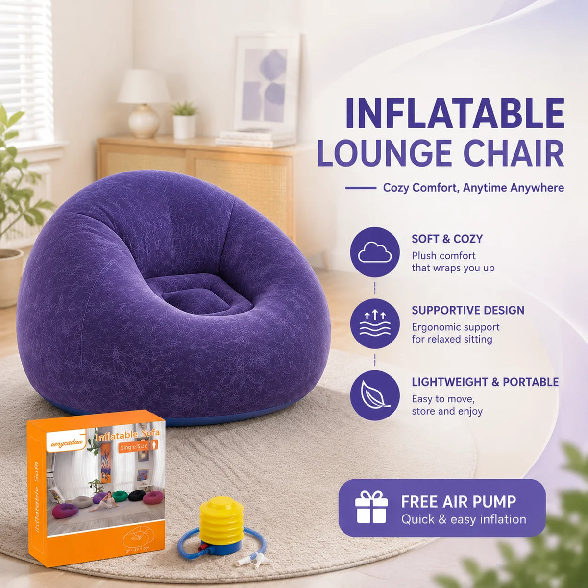 Inflatable & Portable Bean Bag Chair,  Soft Blow Up Lounge Chair, Foldable Air Couch with Quick Inflate Pump, Durable PVC Seating for Home, Space Saving, Easy Storage, Everyday Comfort, Indoor & Outdoor