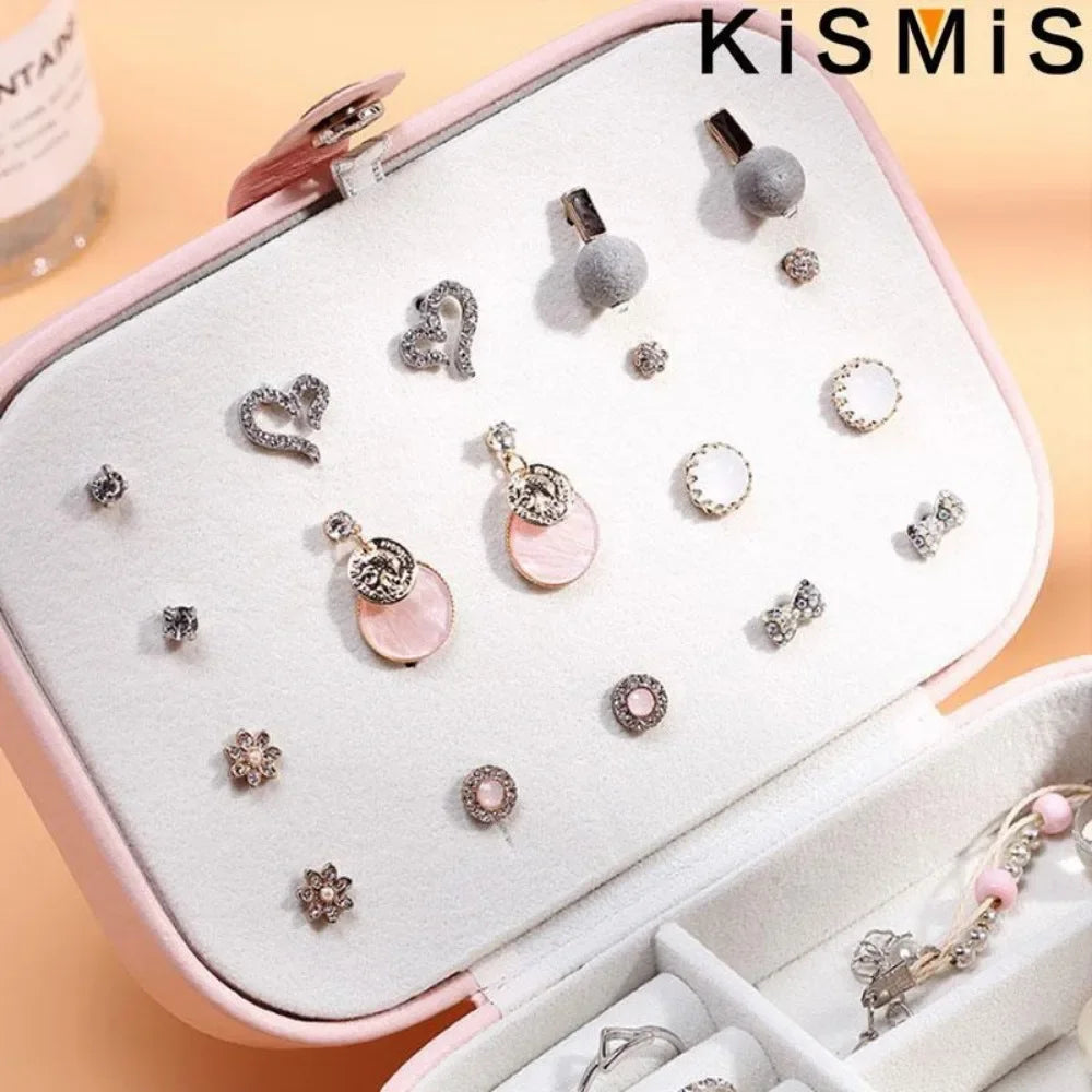 PU Leather Travel Jewelry Box. Portable Small Storage Organizer for Earrings, Rings, Necklaces. Case for Daily Home Use. Secure Zipper Closure. Elegant Minimalist Design Compact Travel Accessory