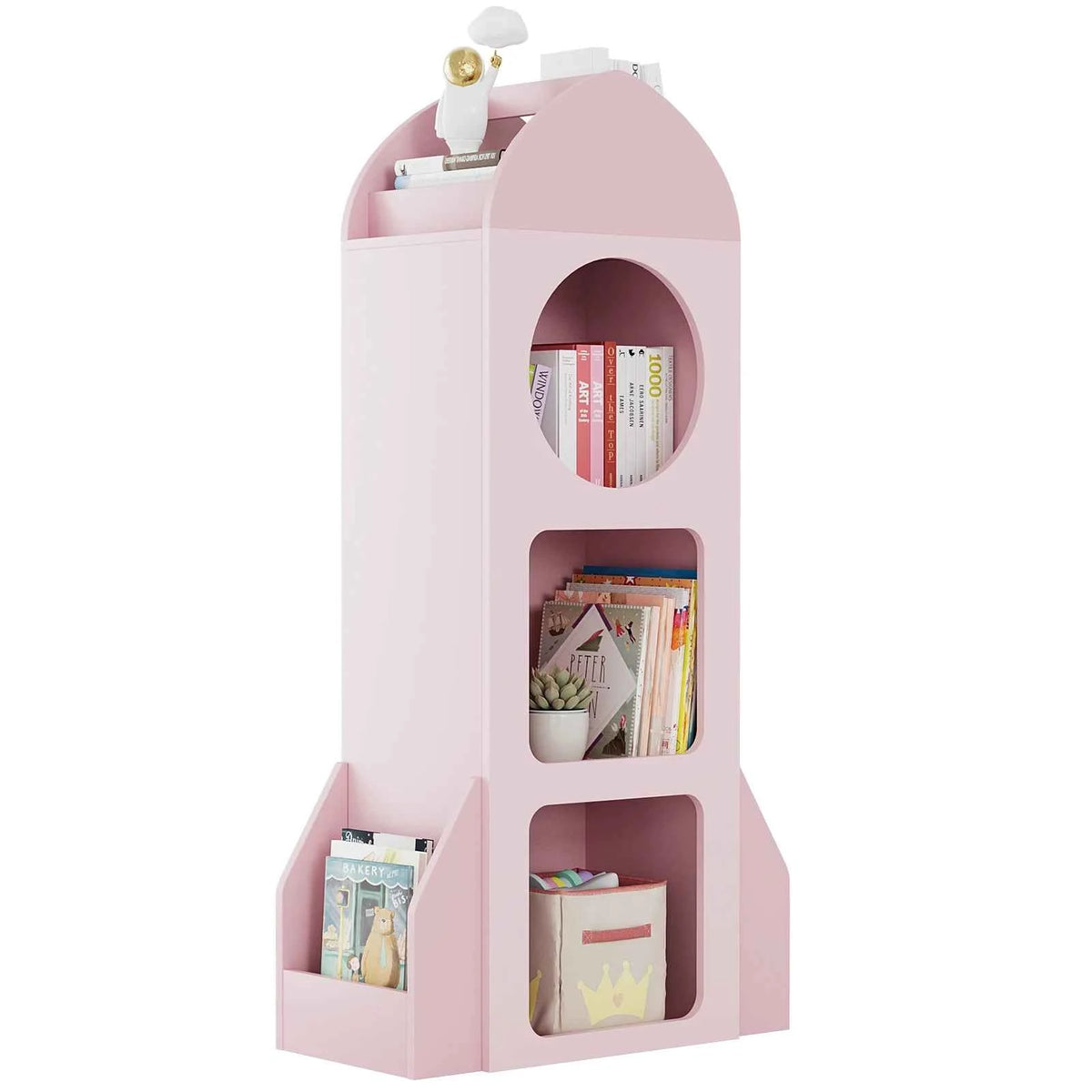 Kids Bookshelf & Toy Storage, 3-Tier Rocket Baby Book Shelf with Side shelves, Wood Open Toddler Bookcase, Spacious Display Organizer