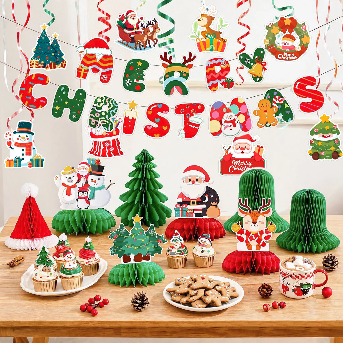 30 Pcs Christmas Party Decorations - Merry Christmas Banner & Christmas Honeycomb Decorations/Christmas Table Centerpieces & Christmas Hanging Swirls for Xmas Party Decorations