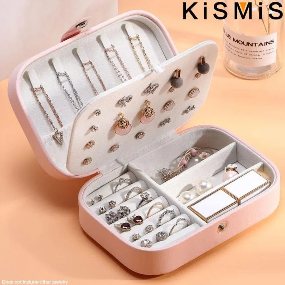 PU Leather Travel Jewelry Box. Portable Small Storage Organizer for Earrings, Rings, Necklaces. Case for Daily Home Use. Secure Zipper Closure. Elegant Minimalist Design Compact Travel Accessory