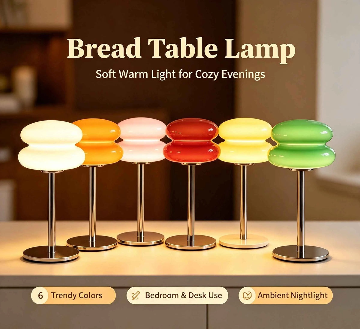 Bread Shape LED Table Lamp, USB Rechargeable, Cordless, Touch Control Lamp, Dimmable Ambient Night Light, Battery Operated.