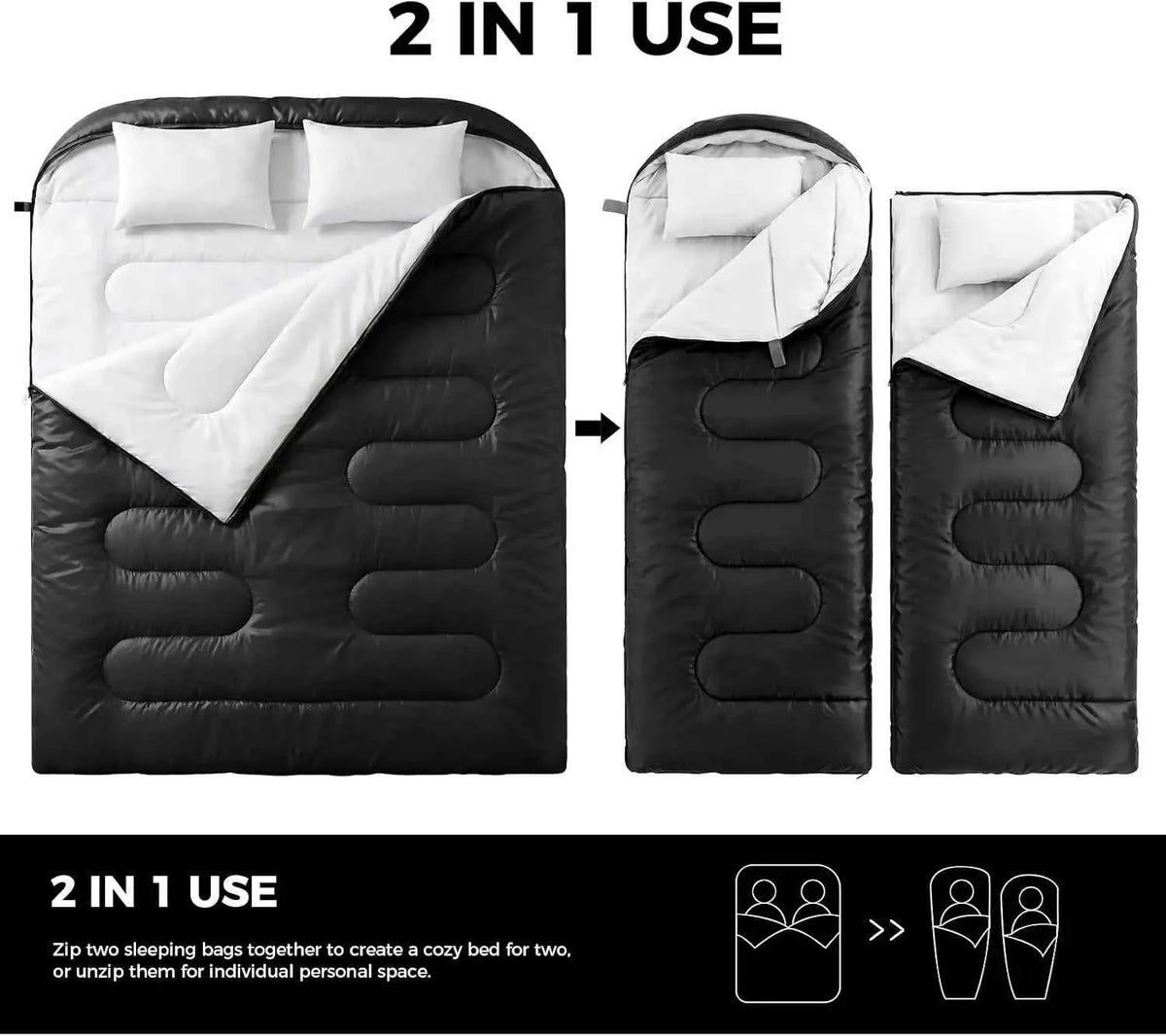 Queen Size 2 Person Lightweight 3 Season Double Sleeping Bag, Built-In Pillow, Full Zipper Design. Warm /Cold Weather. For Camping, Hiking. Backpacking