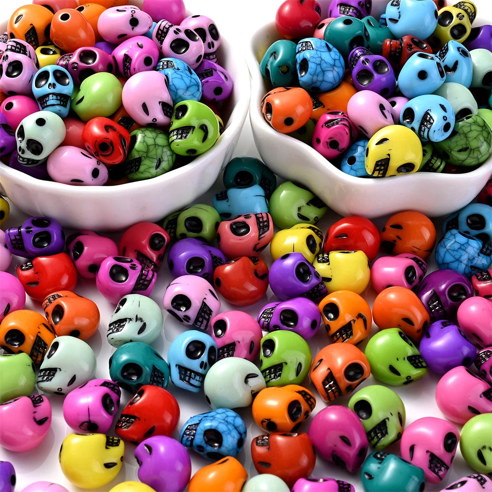 200/300Pcs Mix Coloful Skull Beads, Acrylic Loose Spacer Beads For Jewelry Making. DIY Bracelet, Necklace, Halloween Decorations Accessories 9x12mm