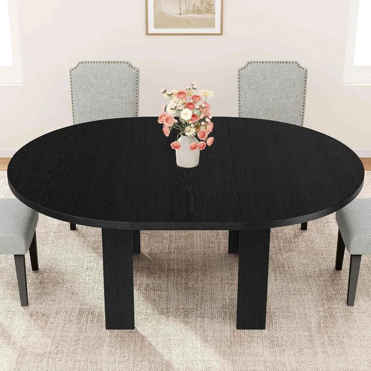 47-63 Inch Extendable Round To Oval Dining Table For 4-6, Farmhouse Kitchen Table With Hidden Leaf Storage And Sturdy Wood Legs