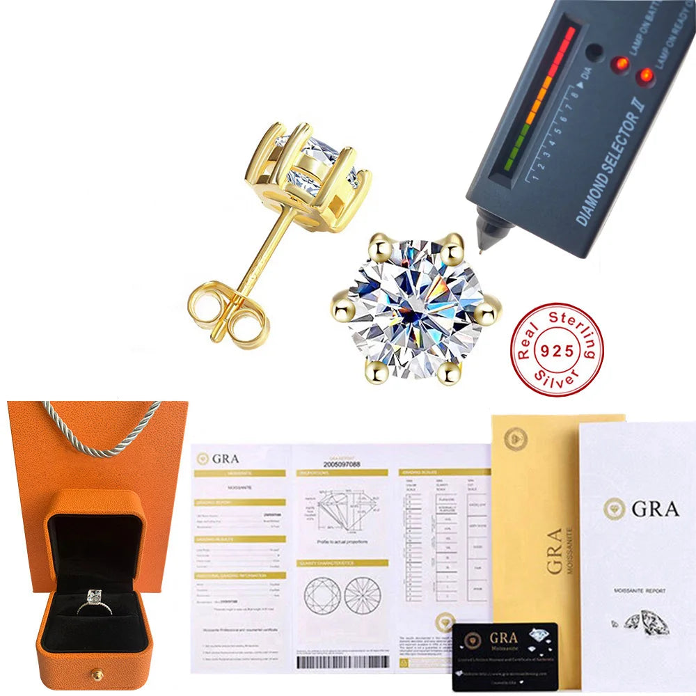 Classic Golden Six Claw Moissanite Stud Earrings for Woman