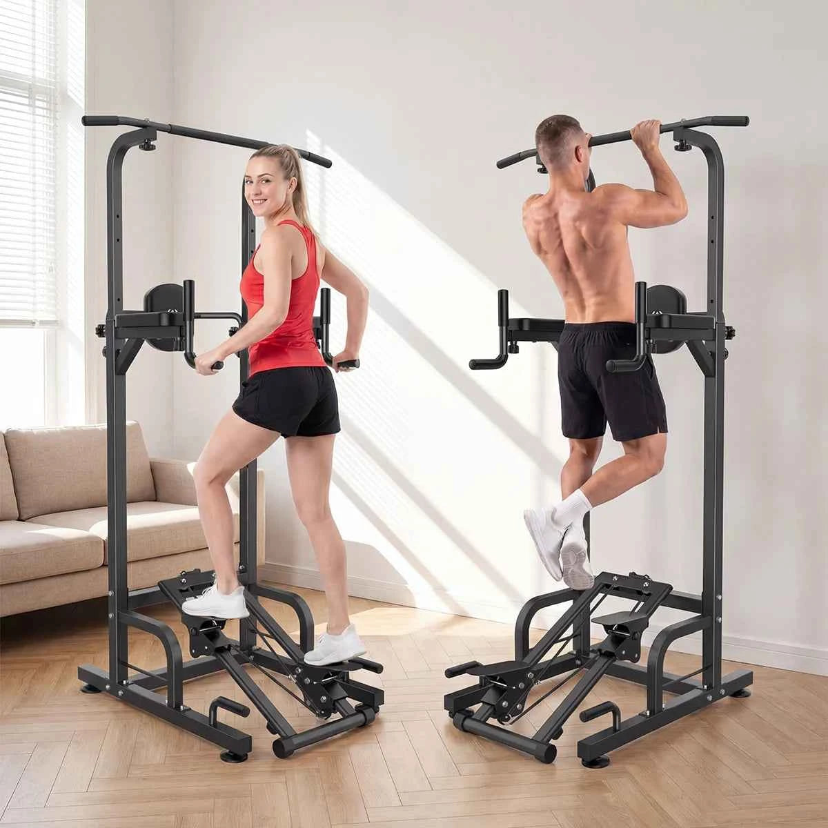 RELIFE Multifunctional Power Tower. Pull Up/ Dip Station. Free Standing Pull Up Bar with Stepper Machine, Adjustable Height Workout Rack. 450LBS Load. Full Body Strength Training Fitness Equipment for Pull Ups Chin Ups Dips L