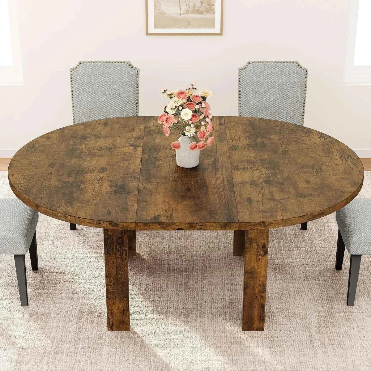 47-63 Inch Extendable Round To Oval Dining Table For 4-6, Farmhouse Kitchen Table With Hidden Leaf Storage And Sturdy Wood Legs