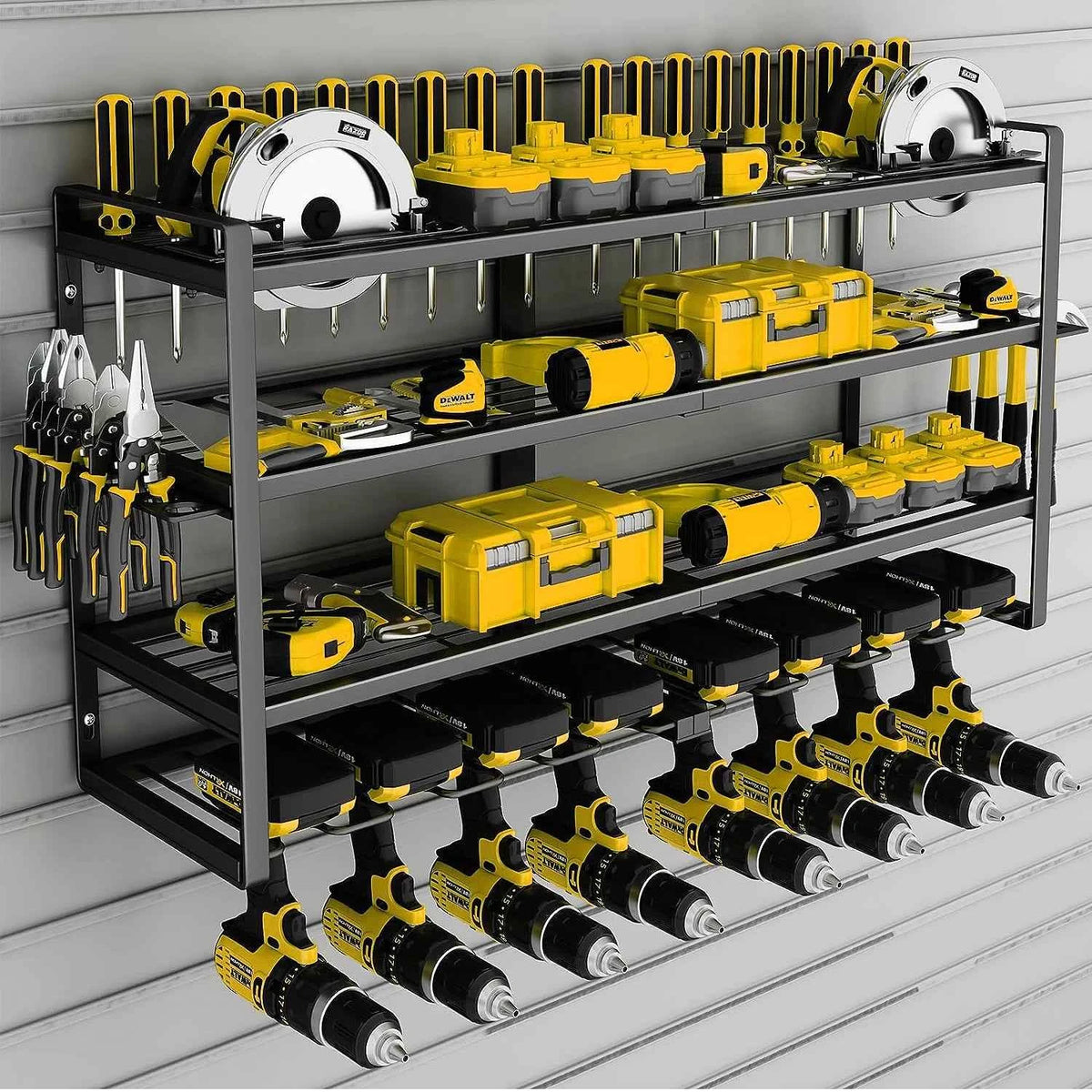 Power Tool Storage Rack 4 Layers Organizer-8 Tool Floating Shelf Wall Mount Heavy Duty Iron Drill Holder for Workbench