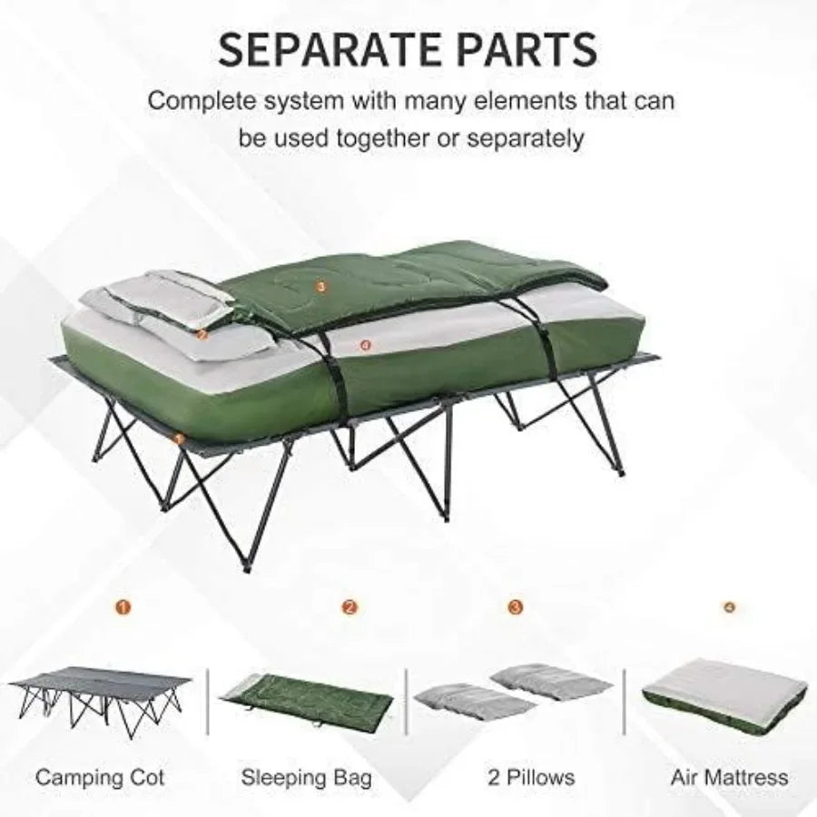 2-Person Potable Folding Camping Cot. Outdoor Bed Set with Pillows