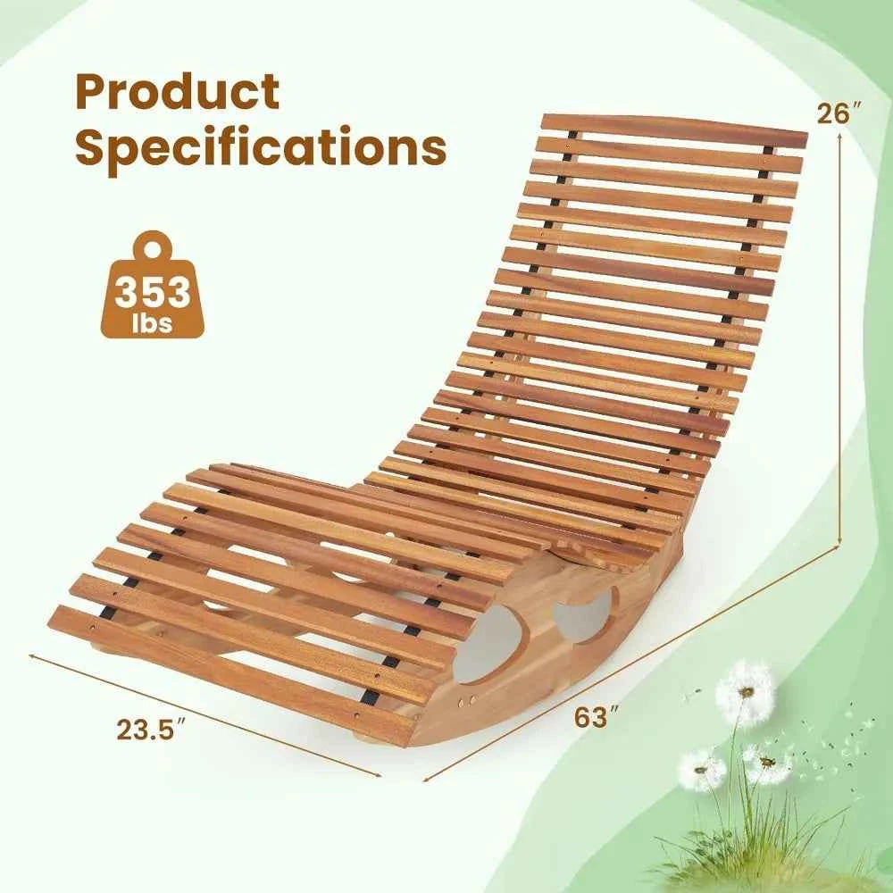 Outdoor Acacia Wood Chaise Lounge, Rocking Chair with High Back, Slatted Seat, 350 Lbs Capacity Sun Lounger