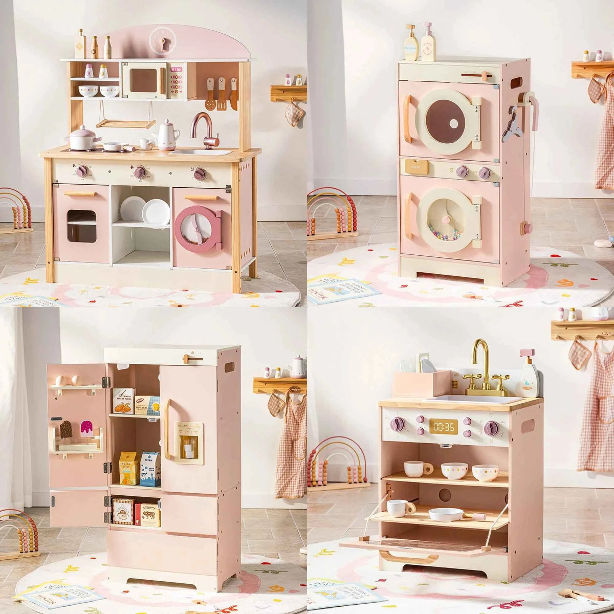 Robud Kids Wooden Pink Play Kitchen. All in 1 Corner Set Includes Oven, Refrigerator. Washer. Perfect Birthday Gift for Little Chefs.